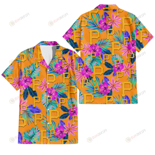 Pittsburgh Pirates Purple Hibiscus Neon Leaf Orange Background 3D Hawaiian Shirt