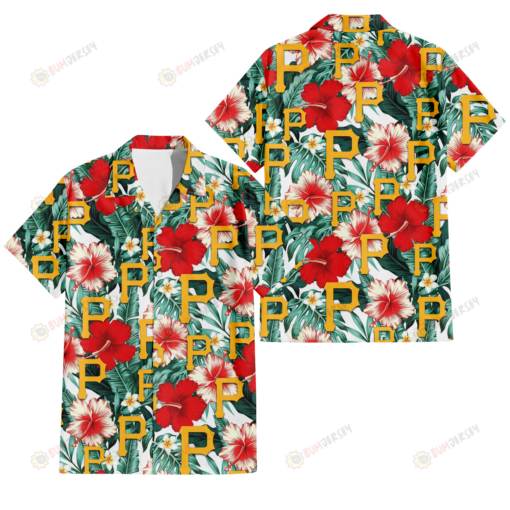 Pittsburgh Pirates Red Coral Hibiscus White Porcelain Flower Banana Leaf 3D Hawaiian Shirt