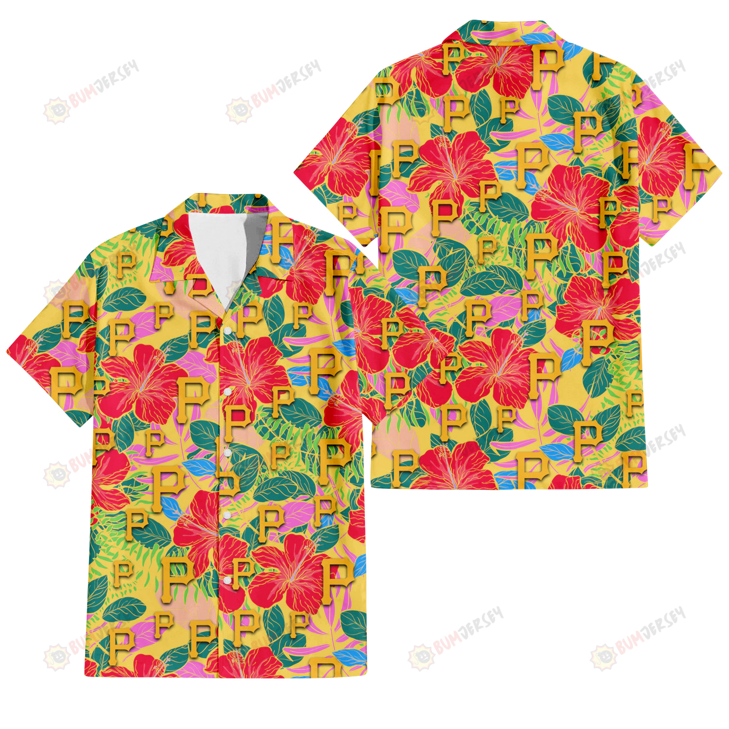Pittsburgh Pirates Red Hibiscus Green Blue Leaf Yellow Background 3D Hawaiian Shirt