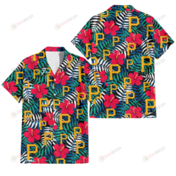 Pittsburgh Pirates Red Hibiscus Green Blue White Leaf Black Background 3D Hawaiian Shirt