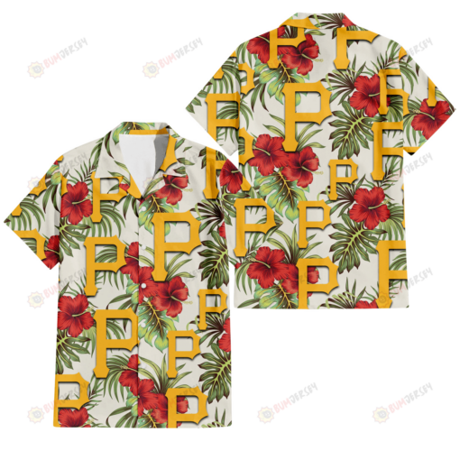 Pittsburgh Pirates Red Hibiscus Green Tropical Leaf Cream Background 3D Hawaiian Shirt