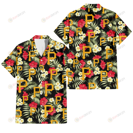 Pittsburgh Pirates Red Hibiscus Yellow Porcelain Flower Black Background 3D Hawaiian Shirt