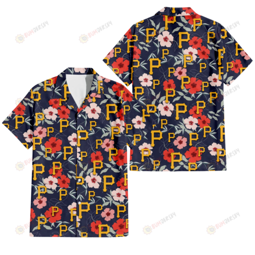 Pittsburgh Pirates Red Pink White Hibiscus Black Background 3D Hawaiian Shirt