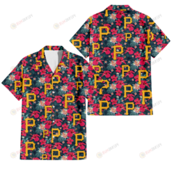 Pittsburgh Pirates Tiny Red Hibiscus White Porcelain Flower Black Background 3D Hawaiian Shirt