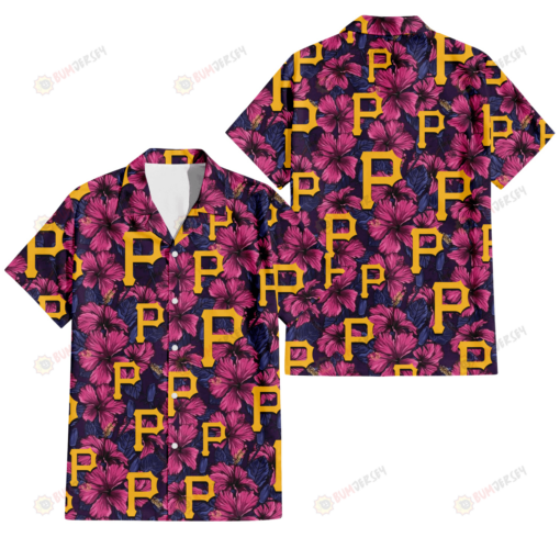 Pittsburgh Pirates Violet Red Blue Leaf Black Background 3D Hawaiian Shirt