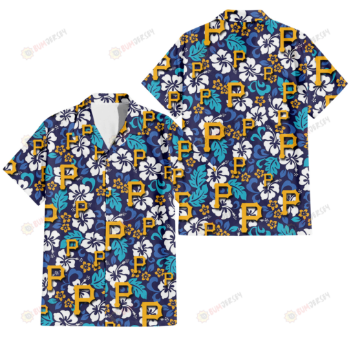 Pittsburgh Pirates White Hibiscus Ceramic Style Navy Background 3D Hawaiian Shirt