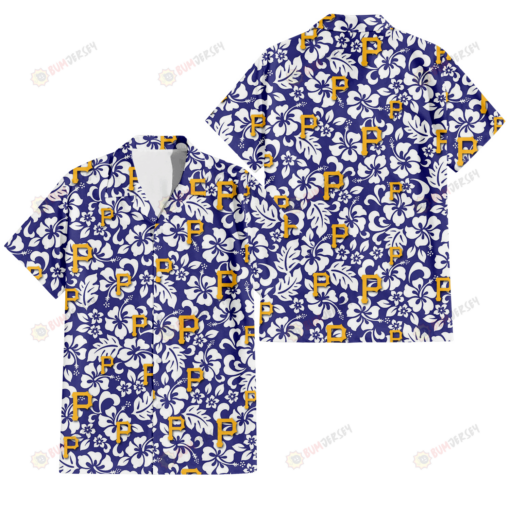 Pittsburgh Pirates White Hibiscus Pattern Slate Blue Background 3D Hawaiian Shirt