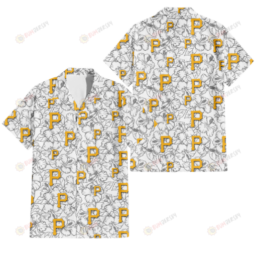 Pittsburgh Pirates White Sketch Hibiscus Pattern White Background 3D Hawaiian Shirt