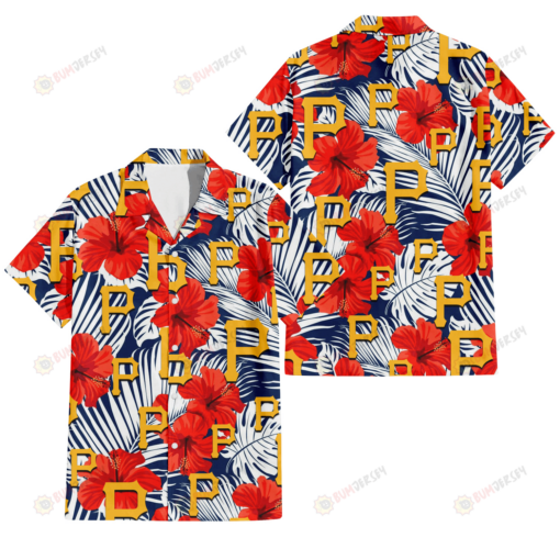 Pittsburgh Pirates White Tropical Leaf Red Hibiscus Navy Background 3D Hawaiian Shirt