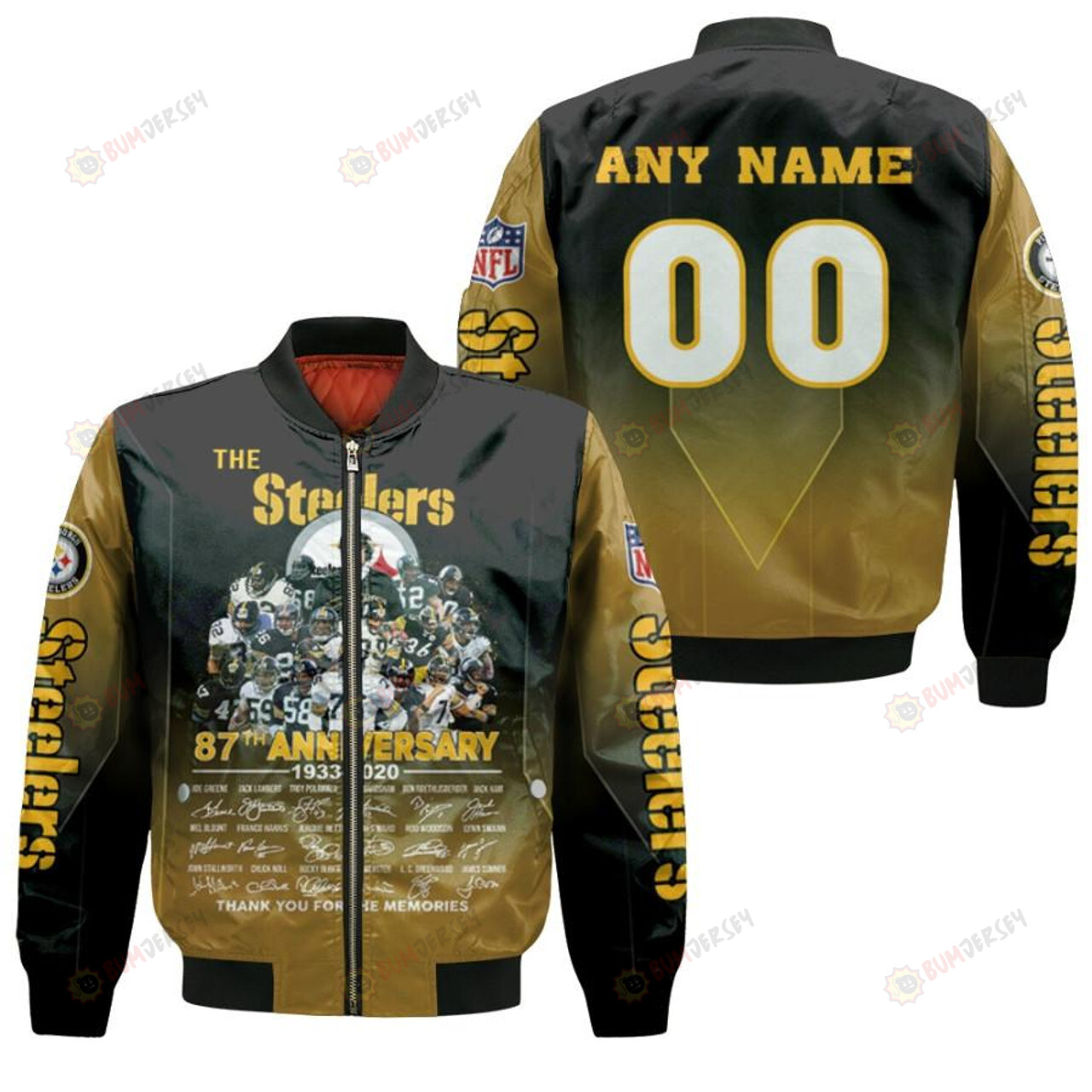 Pittsburgh Steelers 87th Anniversary With Custom Name Number Bomber Jacket - Yellow And Black