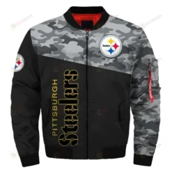 Pittsburgh Steelers Camo Pattern Bomber Jacket - Black And Gray