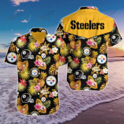 Pittsburgh Steelers Flower & Fruit Pattern Curved Hawaiian Shirt In Yellow & Black