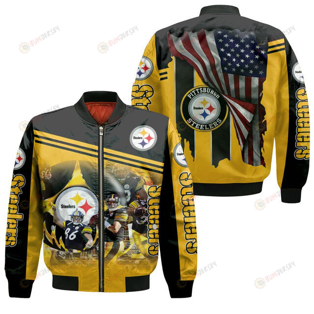 Pittsburgh Steelers Great Players Pattern Bomber Jacket - Yellow And Black