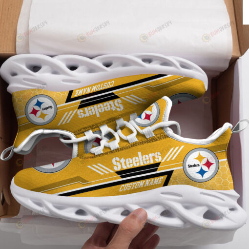 Pittsburgh Steelers Logo Custom Name Pattern 3D Max Soul Sneaker Shoes In Yellow