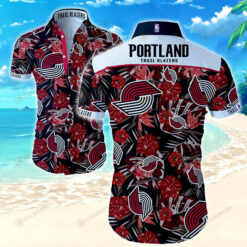 Portland Trail Blazers Floral Curved Hawaiian Shirt In Black Red