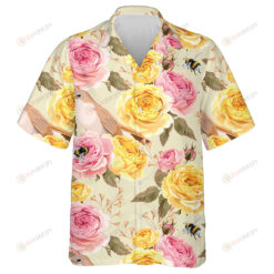 Pretty English Roses In Pink And Yellow With Bird Pattern Hawaiian Shirt