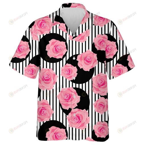 Pretty Pink Roses Polka Dots On Black White Striped Design Hawaiian Shirt