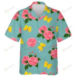 Pretty Yellow Butterflies And Pastel Pink Roses Bouquet Design Hawaiian Shirt