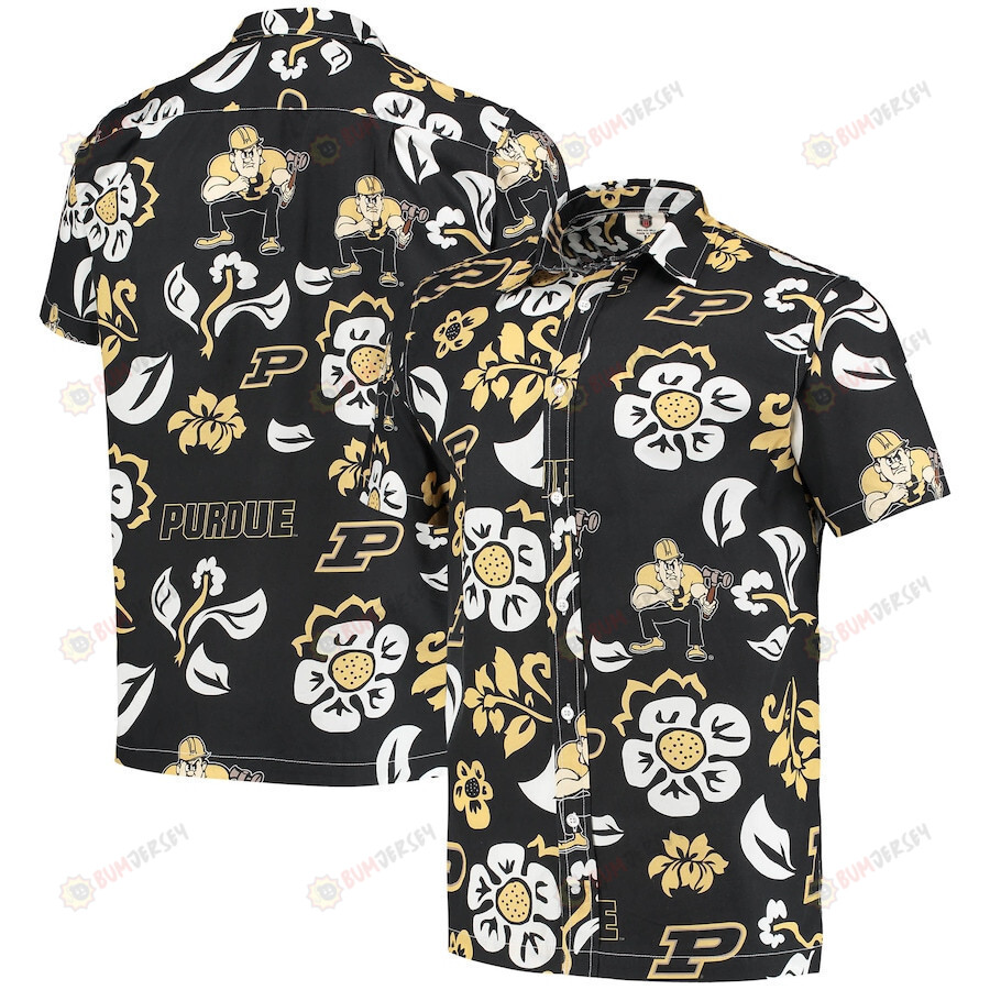 Purdue Boilermakers Black Floral Button-Up Hawaiian Shirt
