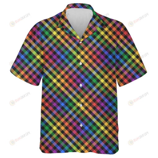 Rainbow LGBT Colors Tartan On Black Diagonal Hawaiian Shirt