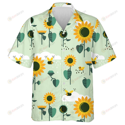 Rainy Day Illustration Of Sunflowers Clouds And Bees Hawaiian Shirt