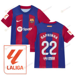 Raphinha 22 Barcelona 2023/24 With LaLiga Badge Home Youth Jersey