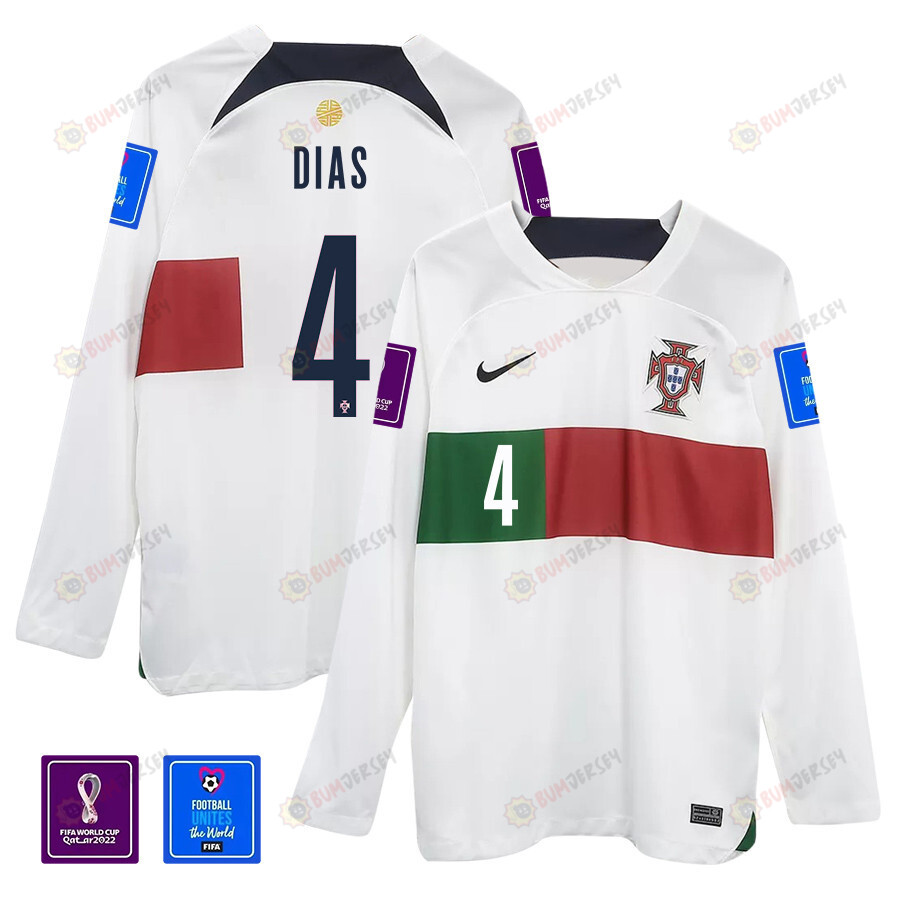 R?ben Dias 4 Portugal 2022-23 Away Men Long Sleeve Jersey National Team World Cup Qatar Patch