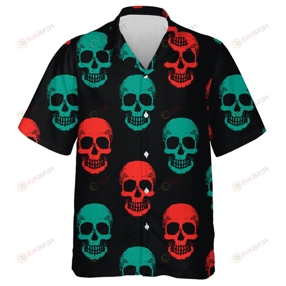 Red And Mint Human Skull On Black Background Hawaiian Shirt