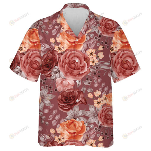 Red And Orange Rose Autumn Fall Flower Art Design Hawaiian Shirt