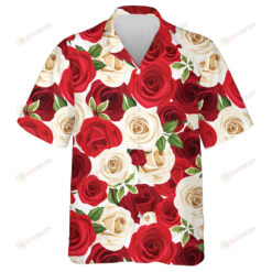 Red And White Cream Roses Petals With Green Leaves Pattern Hawaiian Shirt