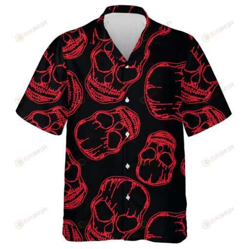 Red Outline Human Skull On Black Background Hawaiian Shirt