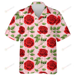 Red Rose Flower Bouquet Spreads Leaves On Light Pink Striped Hawaiian Shirt