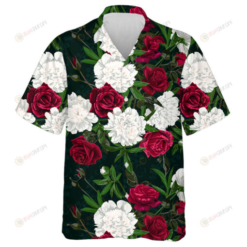 Red Roses And White Peony On A Dark Background Hawaiian Shirt