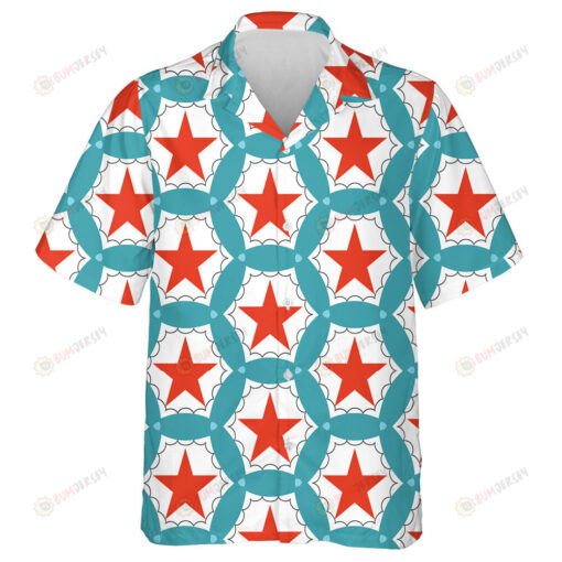 Red Stars In The Center Of Blue Circle Pattern Hawaiian Shirt