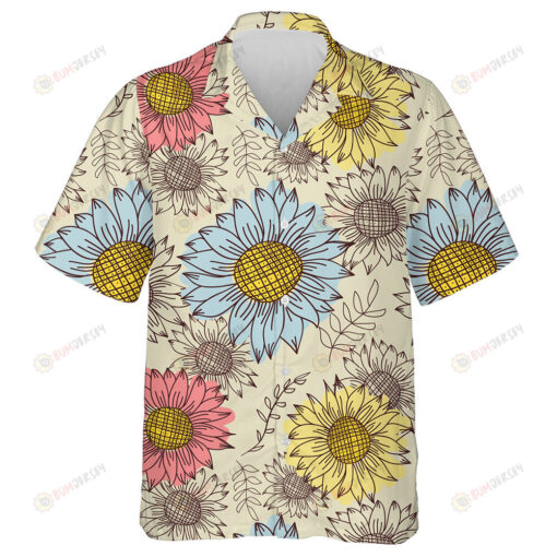 Red Yellow And Blue Sketch Sunflowers And Fern Hawaiian Shirt