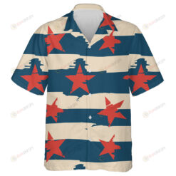 Retro Vintage Blue And Beige Striped With Red Stars Hawaiian Shirt