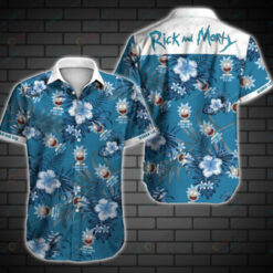 Rick And Morty Leaf & Flower Pattern Curved Hawaiian Shirt In White & Blue