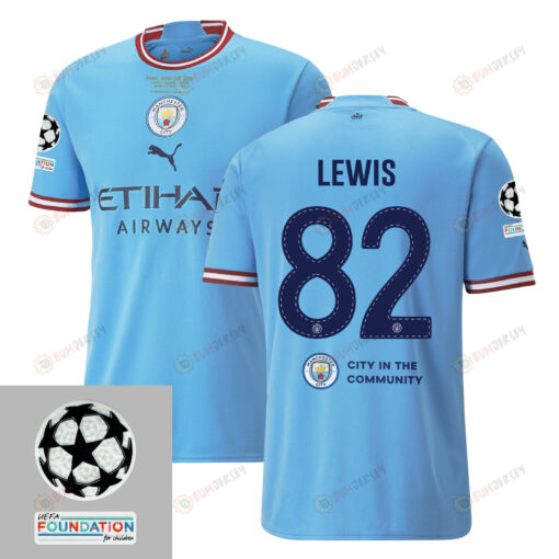 Rico Lewis 82 Manchester City UEFA 2023 Final Match Details Patch Badge - Home Jersey