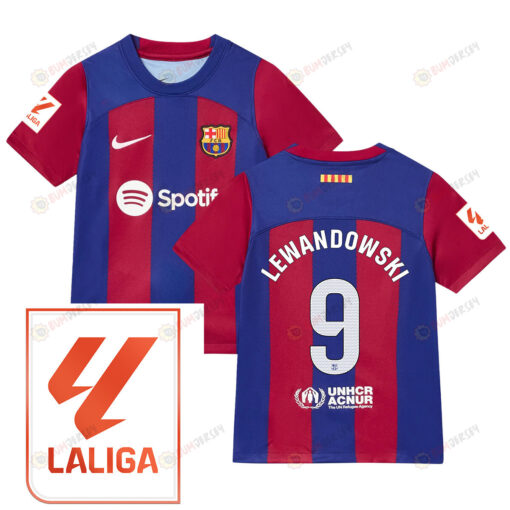 Robert Lewandowski 9 Barcelona 2023/24 With LaLiga Badge Home Youth Jersey