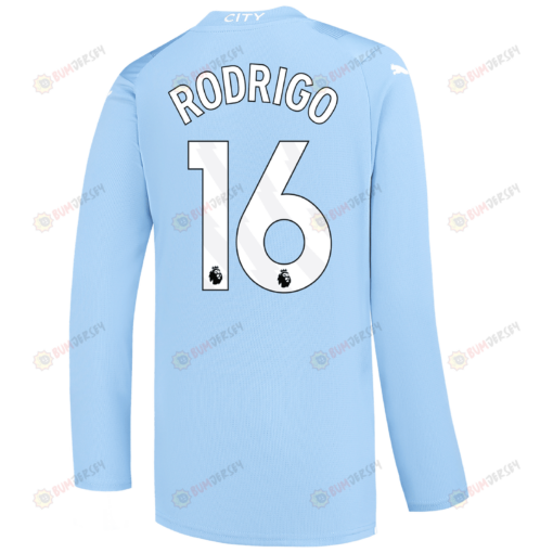 Rodrigo 16 Manchester City 2023/24 Long Sleeve Home Jersey - Sky Blue