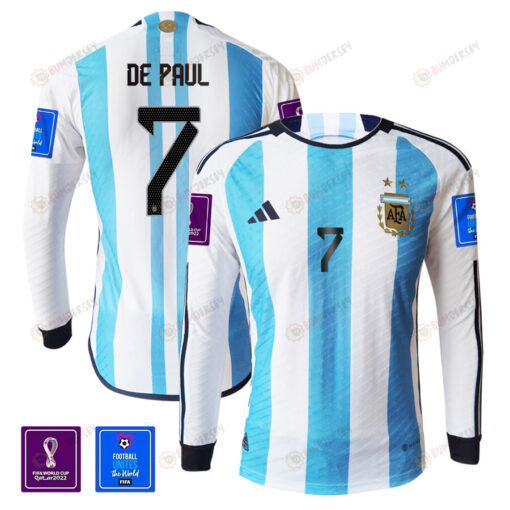 Rodrigo De Paul 7 Argentina 2022-23 Home Men Long Sleeve Jersey National Team World Cup Qatar