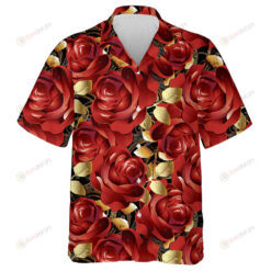 Romantic Floral Red Roses With Gold Leaves And Antique Ornaments Hawaiian Shirt