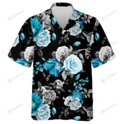 Rose Poppy Pomegranate Flowers Black And Blue Pattern Hawaiian Shirt