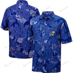 Royal Kansas Jayhawks The Dude Camp Tropical Hibiscus Palm Pattern Hawaiian Shirt SH1