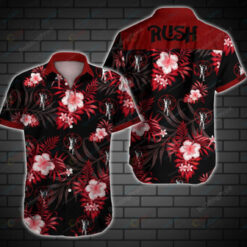 Rush Leaf & Flower Pattern Curved Hawaiian Shirt In Black & Red