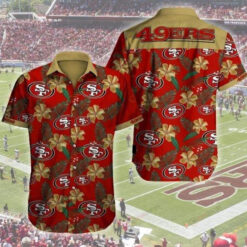 SF 49Ers Curved Hawaiian Shirt In Red Yellow Pattern