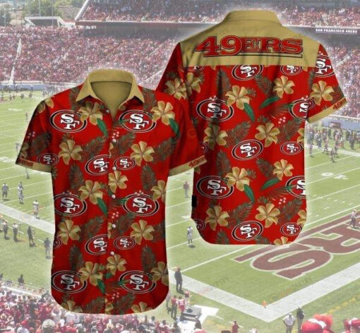 SF 49Ers Curved Hawaiian Shirt In Red Yellow Pattern