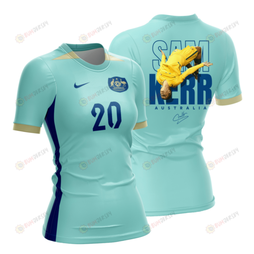 Sam Kerr 20 Signed Australia 2023 Road To World Cup Champions Ver 2 Women Away Jersey - Turquoise - All Over Printed Jersey