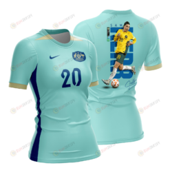 Sam Kerr 20 Signed Australia 2023 Road To World Cup Champions Women Away Jersey - Turquoise - All Over Printed Jersey