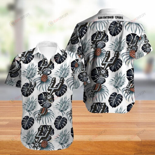 San Antonio Spurs Leaf & Pineapple Pattern Curved Hawaiian Shirt In White & Black